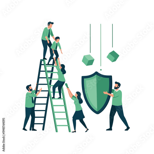 Teamwork and collaboration to build and protect a shield, symbolizing security and safety for a family.