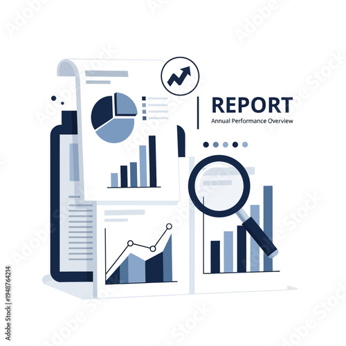 Annual Performance Overview Report with Charts, Graphs, and Magnifying Glass for Business Analysis.