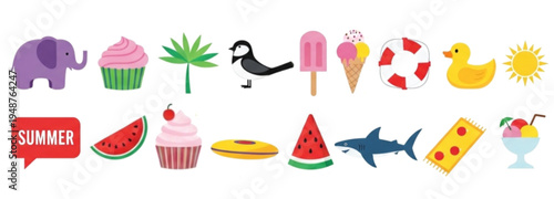 Summer beach kids illustration set, hand drawn sea coastal funny scribble naive childish marine icon. Cartoon tropical vacation design elements, palm tree, surfboard, shell, fish. Summer kids print