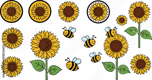 Sunflower and Bumblebee Cartoon Illustration Collection with Bright Yellow Flowers Flying Bees and Botanical Elements Isolated on White Background Vector Set