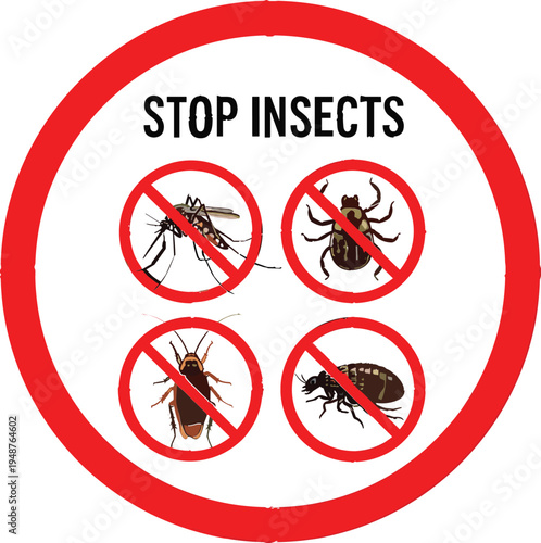 Stop Insects Warning Sign with Mosquito Tick Cockroach and Bug Icons Inside Red Prohibition Circle Pest Control Vector Illustration