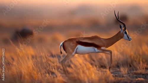 Springbok antelope runs across open field in golden evening sunlight