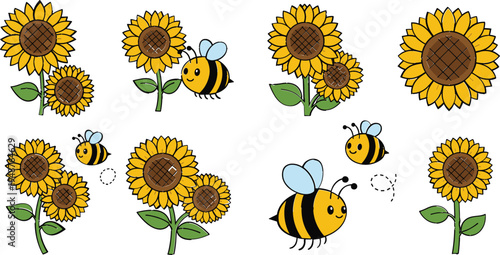 Cute Sunflower and Bumblebee Cartoon Illustration Collection with Flying Bees Around Yellow Flowers and Botanical Elements Isolated on White Background Vector Set