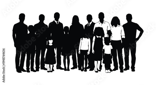 A large group of people including children stand closely together in a dark silhouette high quality