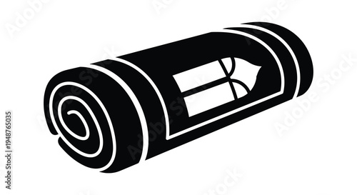 A simple black silhouette of a rolled up sleeping pad with straps ideal for camping silhouette