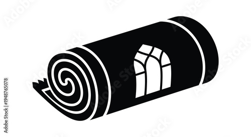 A rolled up carpet with a window design presented as a striking black silhouette high quality professional