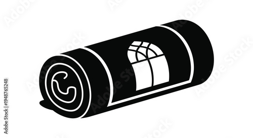 A black silhouette of a rolled carpet with a window design evoking domestic comfort silhouette