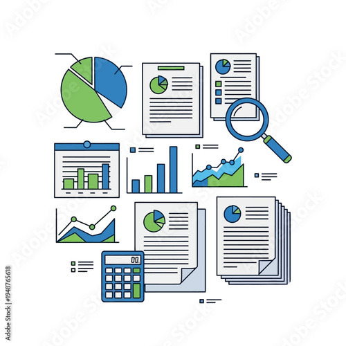 Collection of business and financial data visualization elements including charts, graphs, documents, and a calculator.