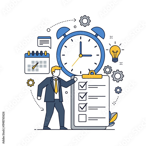 A businessman stands next to a large alarm clock and a checklist, symbolizing effective time management and task completion in a business context.