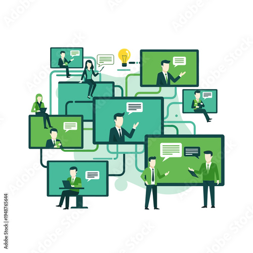 Illustration of a collaborative online meeting with multiple participants interacting through screens, representing remote work and digital communication.