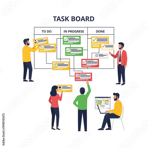Illustration of a diverse team collaborating around a task board, visualizing project progress with sticky notes in 'To Do', 'In Progress', and 'Done' columns.