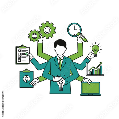 Illustration of a multi-tasking businessman efficiently managing various business tasks and responsibilities with multiple arms.