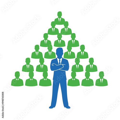 A blue suited man stands confidently in front of a green pyramid of business people, symbolizing leadership and organizational structure.