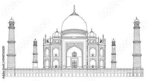 Detailed line art rendering of the taj mahal showcasing its architectural beauty as a silhouette