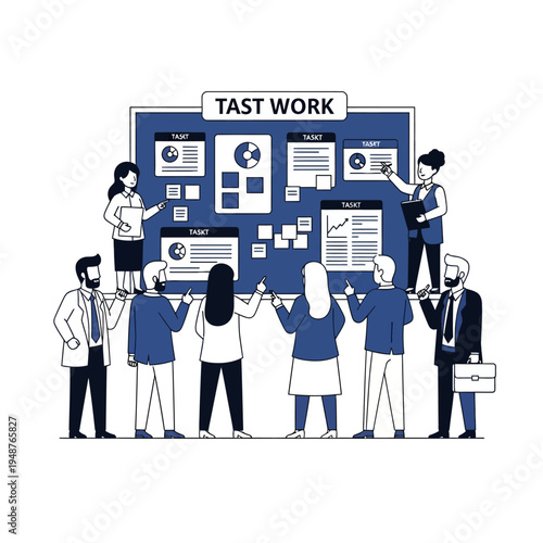 A diverse team of professionals collaborates around a large bulletin board displaying charts and graphs, symbolizing teamwork and project management.