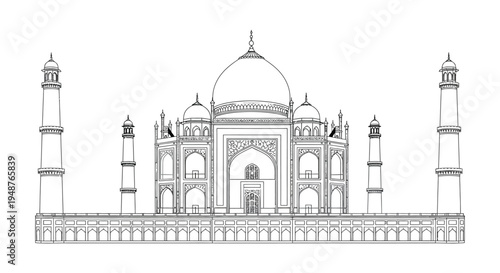 Detailed line art rendering of the taj mahal showcasing its architectural beauty a striking silhouette
