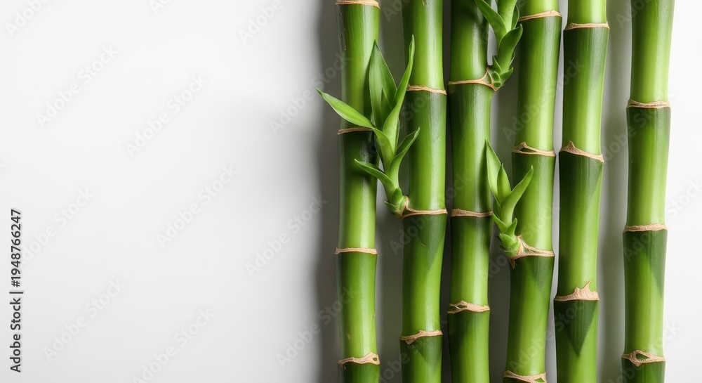 Fototapeta premium Vibrant Green Bamboo Stalks Against a Clean White Background.