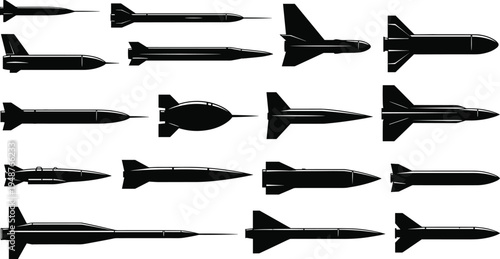 "Collection of sixteen missile and rocket silhouettes arranged in grid layout, diverse military defense icons, aerospace weapon illustration for combat, warfare, security, and defense i