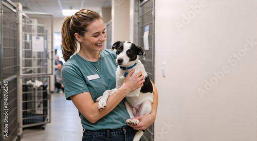 Smiling woman holding a black and white dog in an animal shelter. Female volunteer or vet assistant with a rescued pet. Animal adoption and care concept