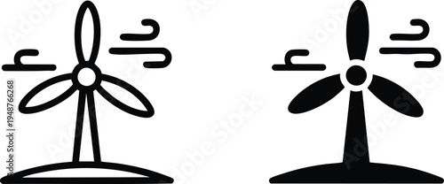 Renewable Resource and Ecology Tech Icons, Modern Windmill Line-Art and Silhouette Graphics, Minimalist Sustainable Energy Navigation Symbols, Wind Power and Green Energy Turbine Icons.