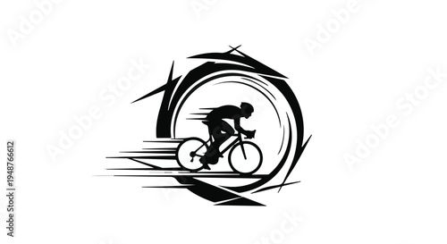 Cyclist silhouette in motion blur effect within a swirling abstract frame signifies speed and athletic achievement.