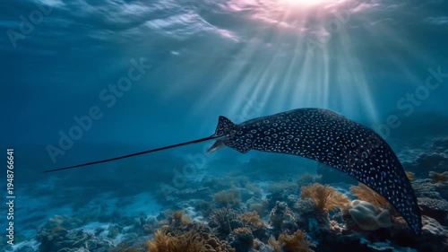 Stunning underwater view of a graceful stingray swimming in ocean depths