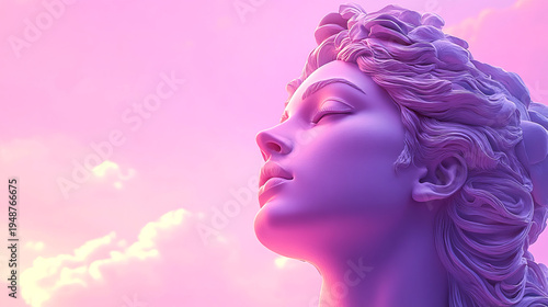 Surreal digital art of a purple-toned female statue looking upward against a soft pink sky with glowing clouds. The dreamlike composition evokes a sense of peace and ethereal transcendence.
