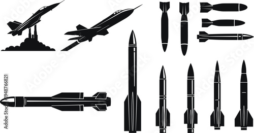 "Collection of jet aircraft, cruise missile, ballistic missile, and aerial bomb silhouettes, military defense icons, aerospace weapon illustration for combat, warfare, security, and defense 