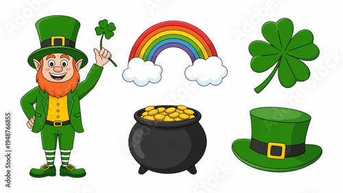Leprechaun with pot of gold coins shamrock rainbow and st patrick's day hat on white background symbolizing good luck and irish folklore