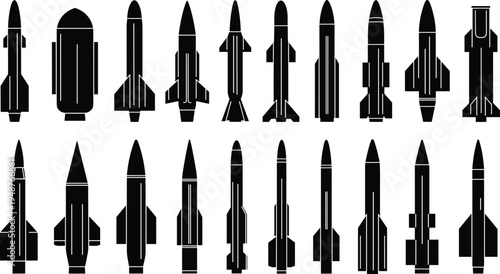 "Collection of twenty missile and rocket silhouettes arranged in rows, diverse military defense icons, aerospace weapon illustration for combat, warfare, security, and defense industry visuals"