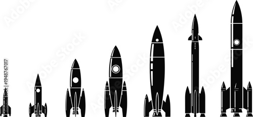 "Set of seven rocket silhouettes arranged in row, showcasing evolution of aerospace design, space exploration vehicle illustration for engineering, technology, science, education,