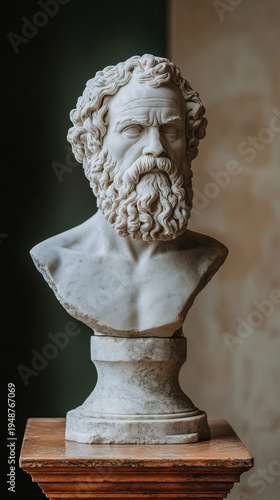 Classical marble bust of a bearded Greek philosopher, possibly Socrates or Homer, featuring intricate hair detail and a pensive expression, mounted on a wooden pedestal against a neutral wall.