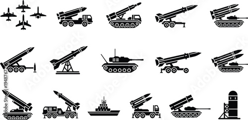 "Collection of military vehicles and equipment silhouettes including fighter jets, missile launchers, tank, naval ship, and radar tower illustration for defense, combat, aerospace, an