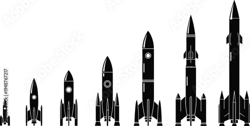 "Series of seven rocket silhouettes arranged in row, showcasing evolution of aerospace engineering, space exploration vehicle illustration for science, technology, education, and creative 
