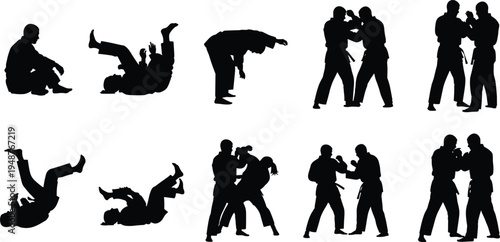 martial arts grappling silhouettes set, self defense training poses, judo throws and ground fighting, combat sport practice isolated