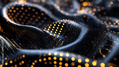 Abstract dark fabric wave with glowing dots; digital background for tech