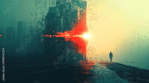 Lone figure walks towards sunrise in a glitch-effect city. Stock photo for dystopian, future, hope themes