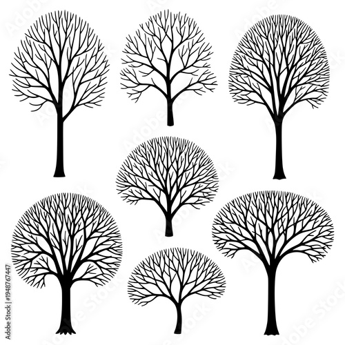 Black branch tree silhouettes hand drawn naked tree vector set EPS10 isolated on white
