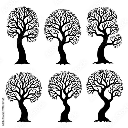 Hand drawn naked tree silhouettes black branch vector illustration set EPS10 isolated on white