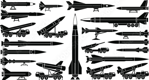 "Collection of missile and rocket silhouettes including mobile launch vehicles, air-launched weapons, and vertical ballistic missile illustration for military defense, aerospace technology, combat, 