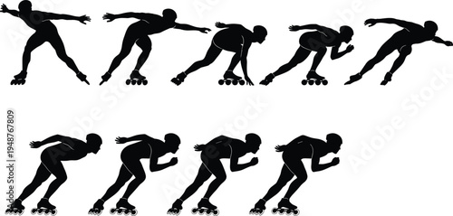inline speed skating silhouette collection, roller skater racing poses set, dynamic sport action athletes, black vector isolated on white background
