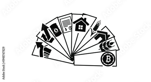 Financial assets and investment options are creatively displayed as a fanned hand of cards featuring diverse icons like a house, documents, currency, and cryptocurrency, symbolizing comprehensive.
