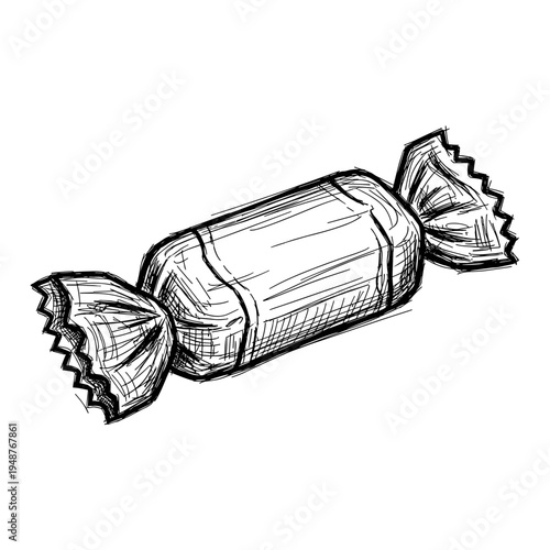 Sketch of a faded candy wrapper isolated on a white background, featuring intricate hand-drawn details and a vintage aesthetic