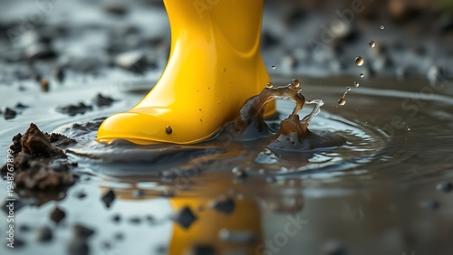 mud. A yellow rain boot stepping into a muddy puddle, splashing mud droplets. mobility guides, transit brochures, designed for mobility and urban transit guides, used by policy analysts.