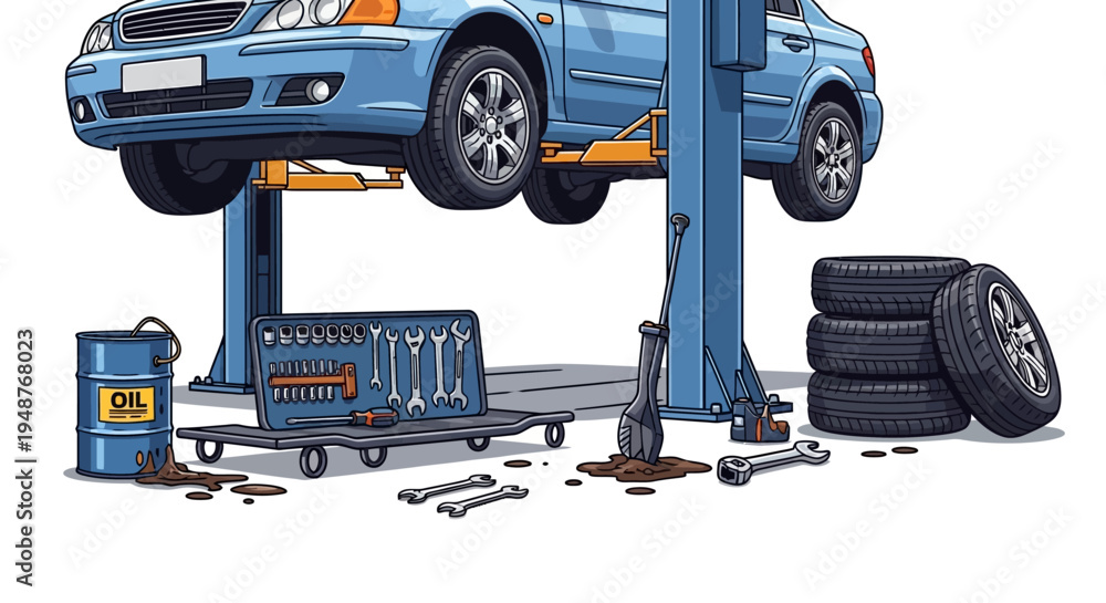 Naklejka premium Automobile maintenance and repair services with car on lift, tools, and spare tires, symbolizing automotive care and upkeep