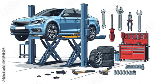 Vector illustration of a classic red motorcycle on a hydraulic lift in a garage, surrounded by tools, spare tires, and boxes for repair and maintenance