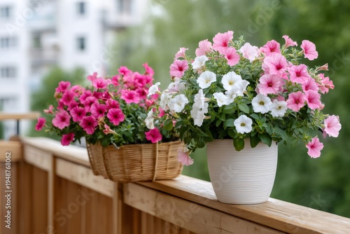 Colorful petunias blooming in pots on balcony railing