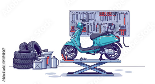 Mechanical workshop with a turquoise scooter on a lift and various tools organized on a wall-mounted rack