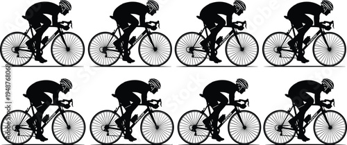 Cyclist silhouette riding road bike set, professional cycling athlete motion sequence, racing bicycle sport illustration isolated black rider collection