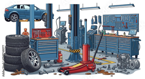 Automotive repair shop filled with tools and car parts, including a car on a lift and stacked tires